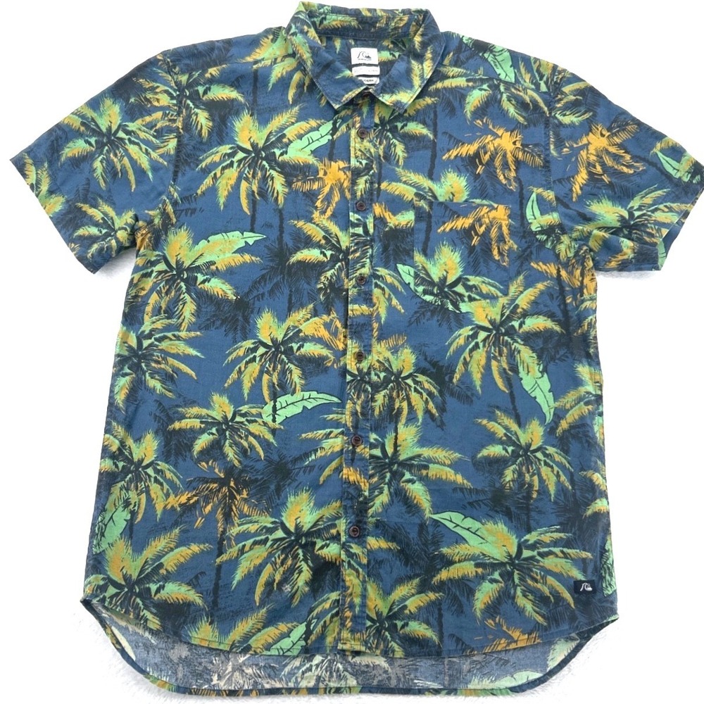 Quiksilver Mens Button Down Camp Shirt XL Blue Palm Tree Vaca Beach Hawaiian